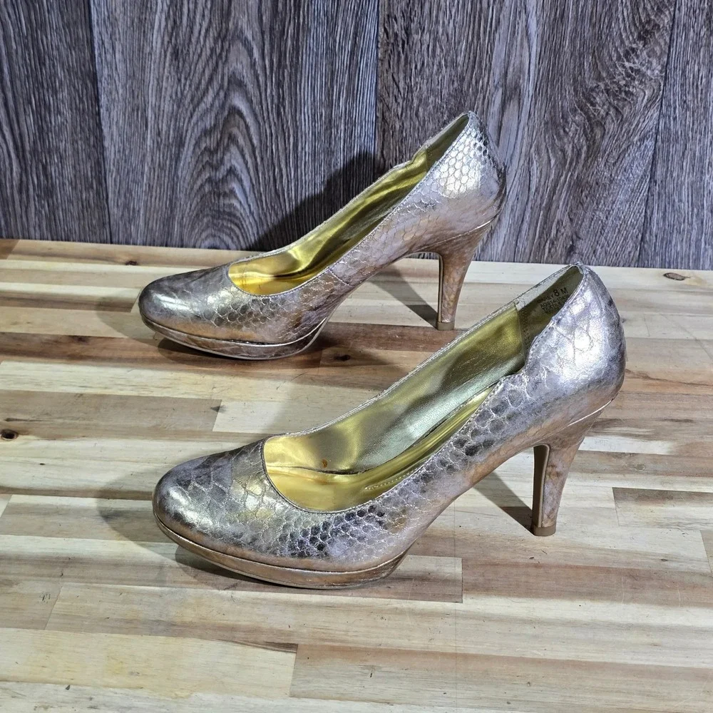 ANDREW‎ GELLER Garey Metallic Gold Snakeskin Platform Pump Heels Size 8 M
